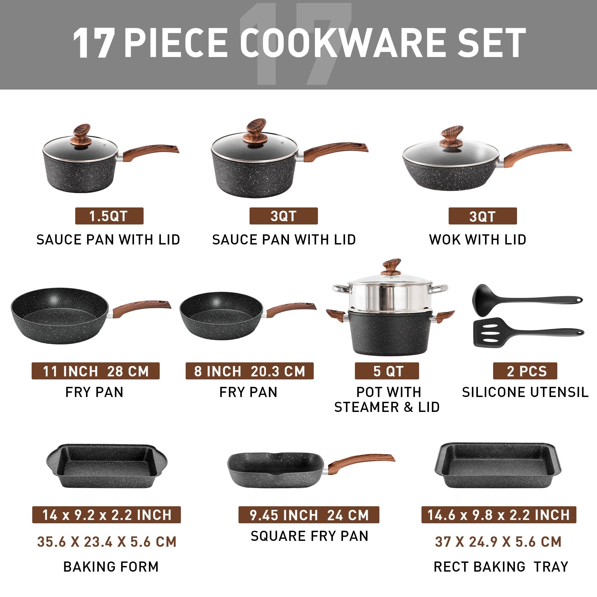 17-Piece Kitchen Granite Cookware Set, Non-stick Cooking Pots and Pans Set