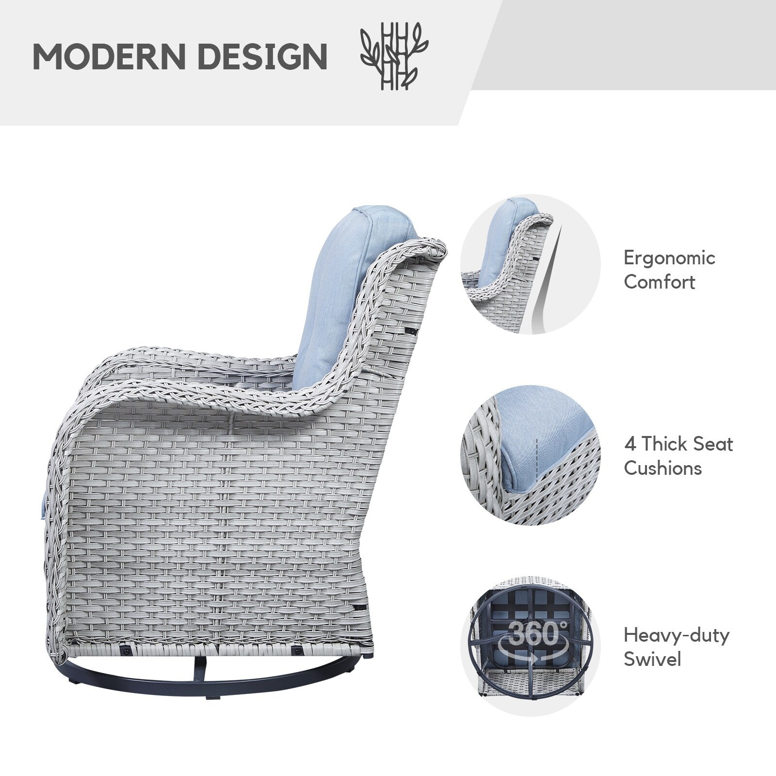 Gymojoy 3 Piece Outdoor Wicker Swivel Rocker with Cushion & Table