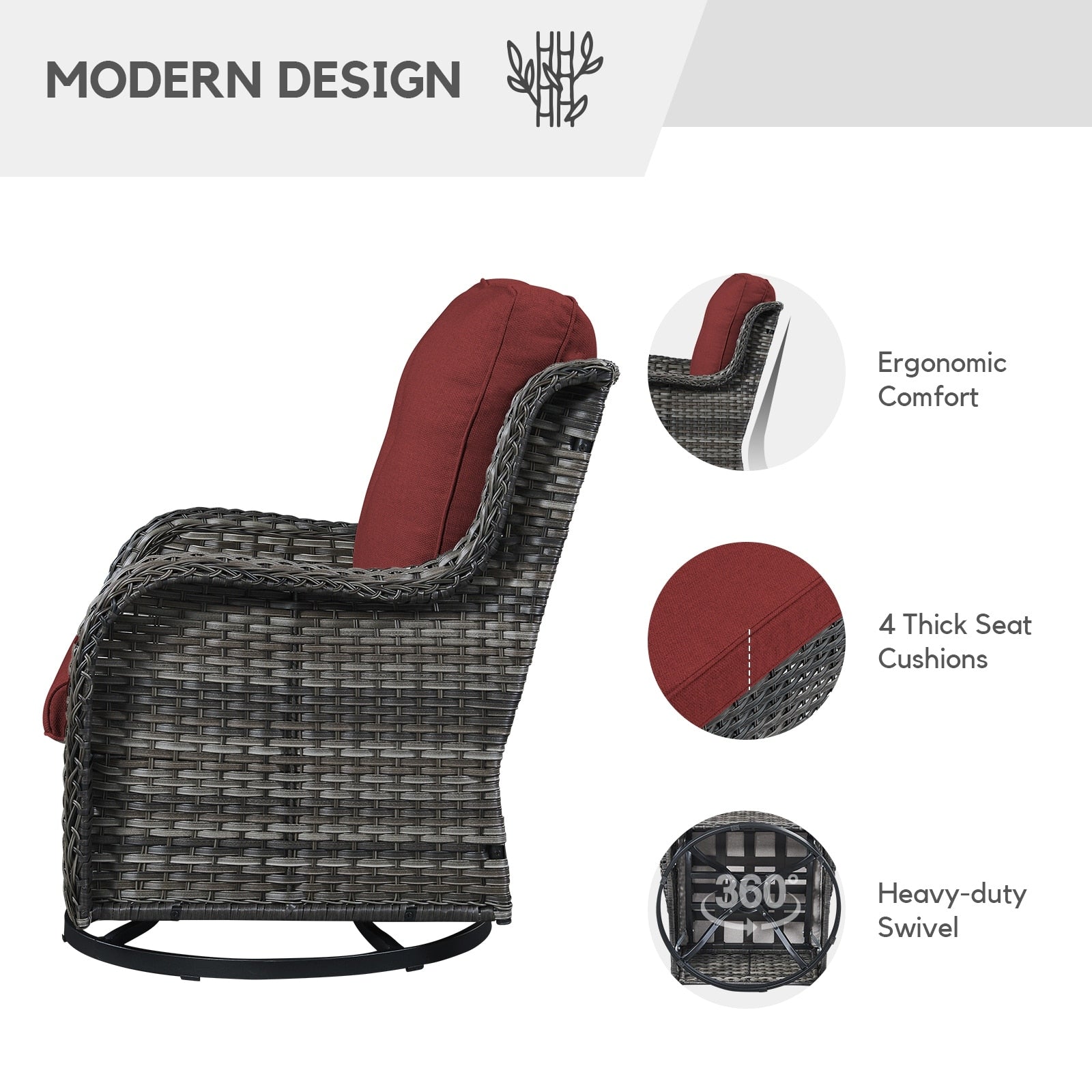 Gymojoy 3 Piece Outdoor Wicker Swivel Rocker with Cushion & Table