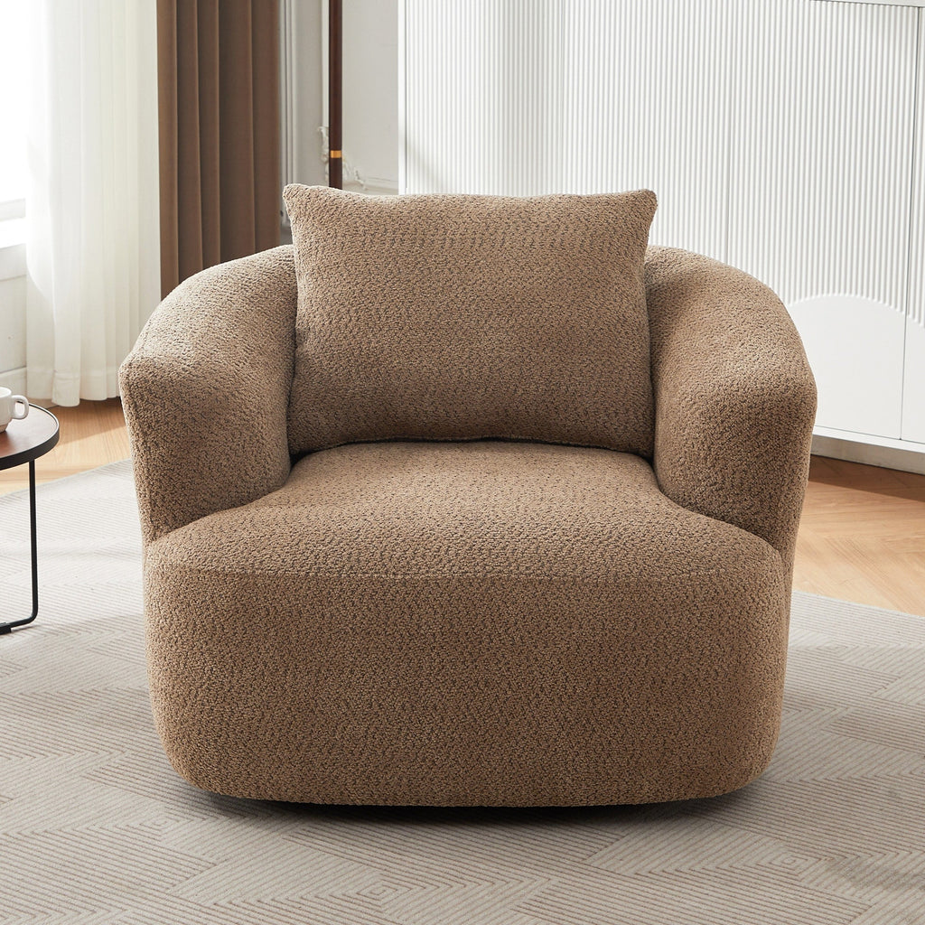 360° Swivel Chair, 38.2 Boucle Accent Chair with Throw Pillow, Upholstered Barrel Sofa Chair with Curved Armrests