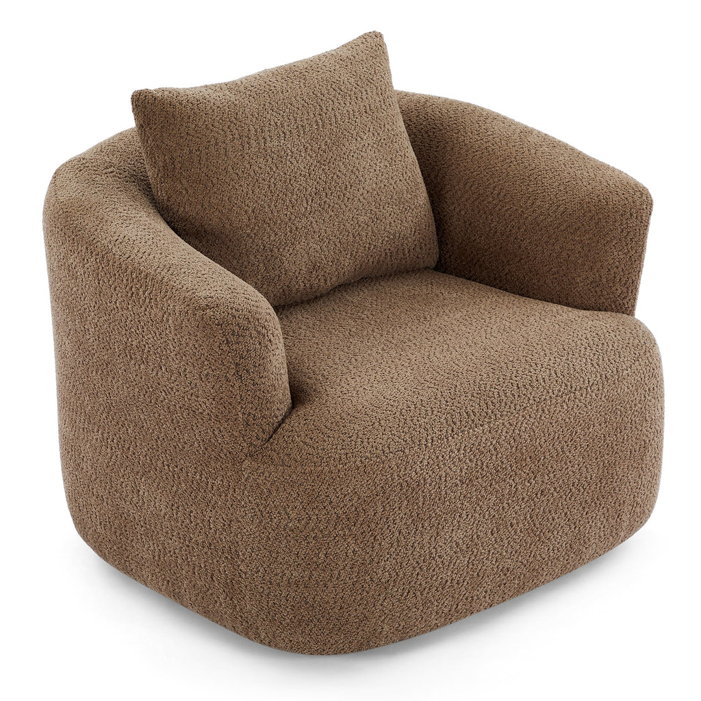 360° Swivel Chair, 38.2 Boucle Accent Chair with Throw Pillow, Upholstered Barrel Sofa Chair with Curved Armrests