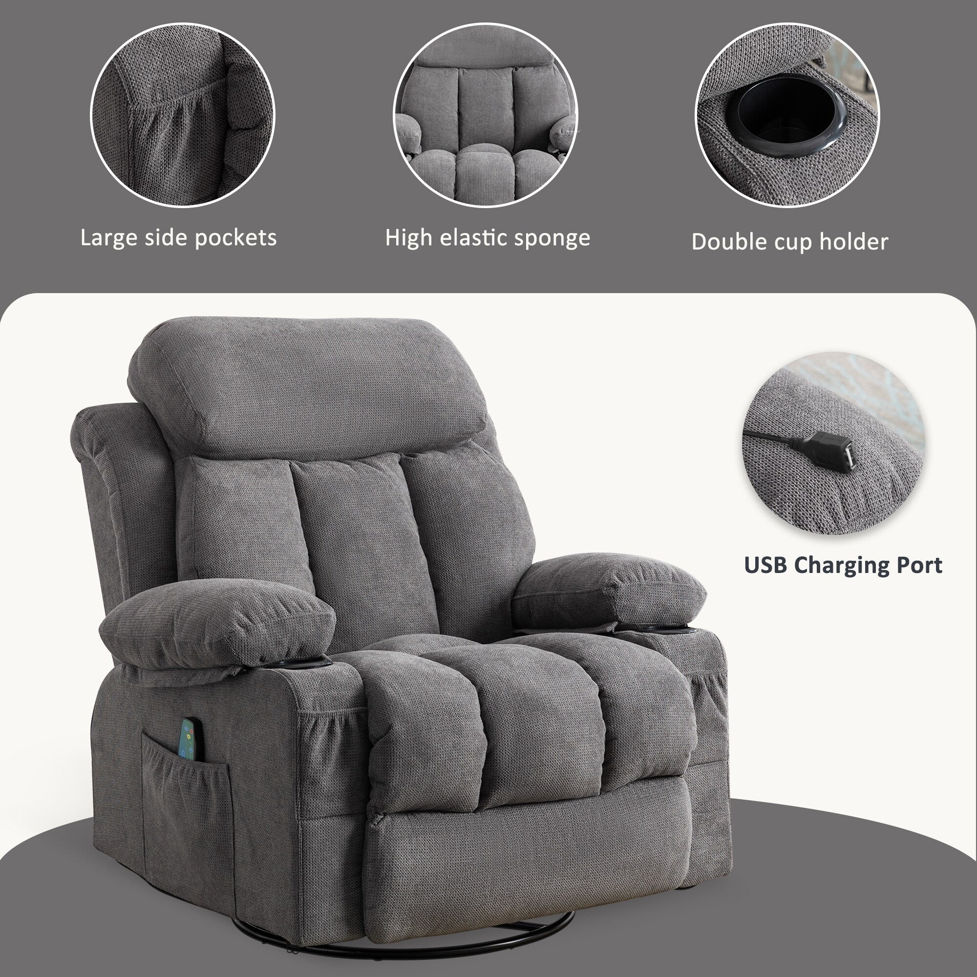 360° Swivel Recliner Chair with Massage, Heat, USB, and Cup Holders