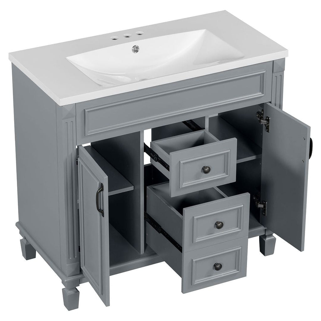 36'' Modern Bathroom Vanity with Top Sink and Mirror Cabinet,2 Doors and 2 Drawers