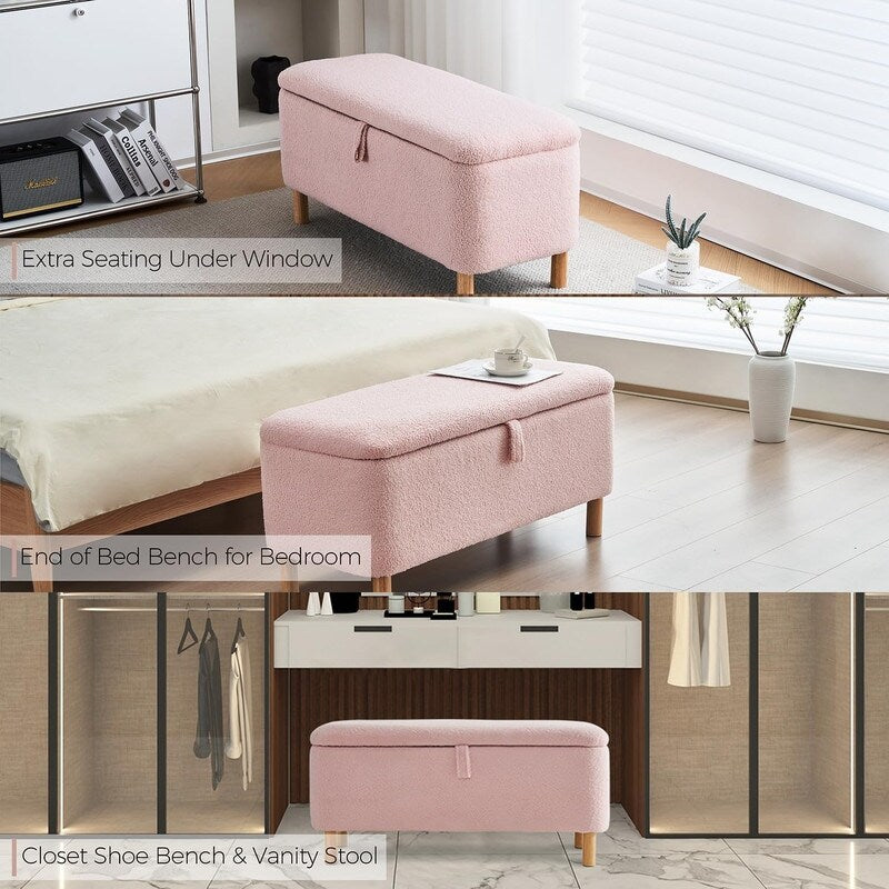 39.5 Off White Boucle Storage Ottoman Bench Sherpa Storage Bench Ottoman Foot Rest End of Bed for Living Room Bedroom,Wood Leg