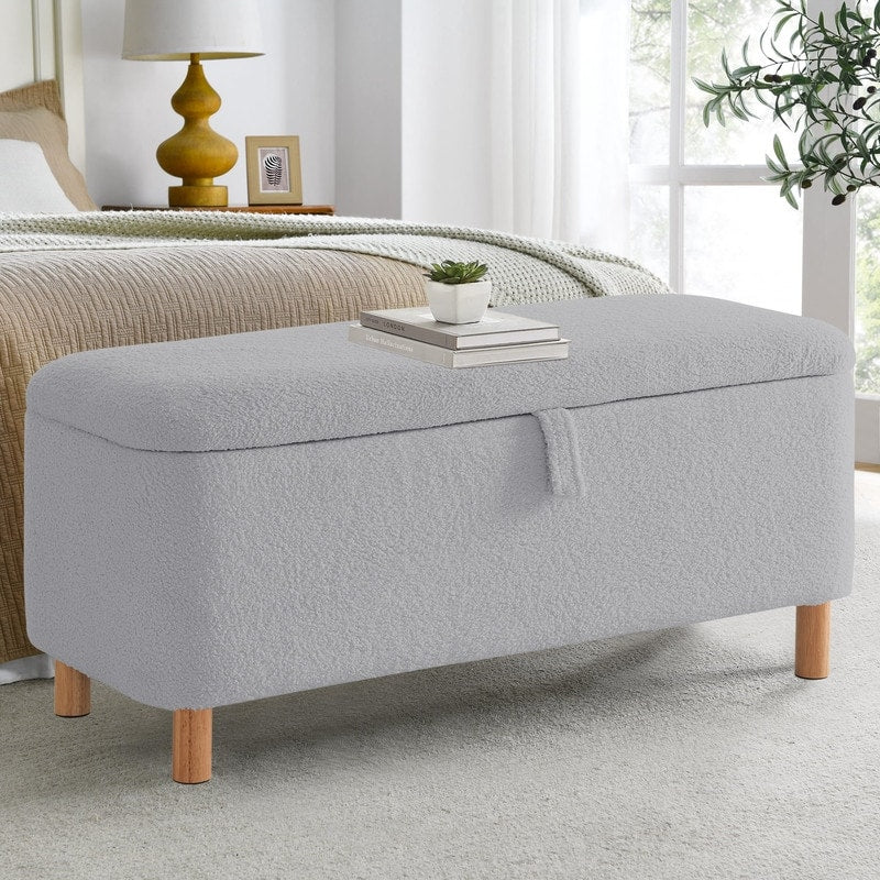 39.5 Off White Boucle Storage Ottoman Bench Sherpa Storage Bench Ottoman Foot Rest End of Bed for Living Room Bedroom,Wood Leg