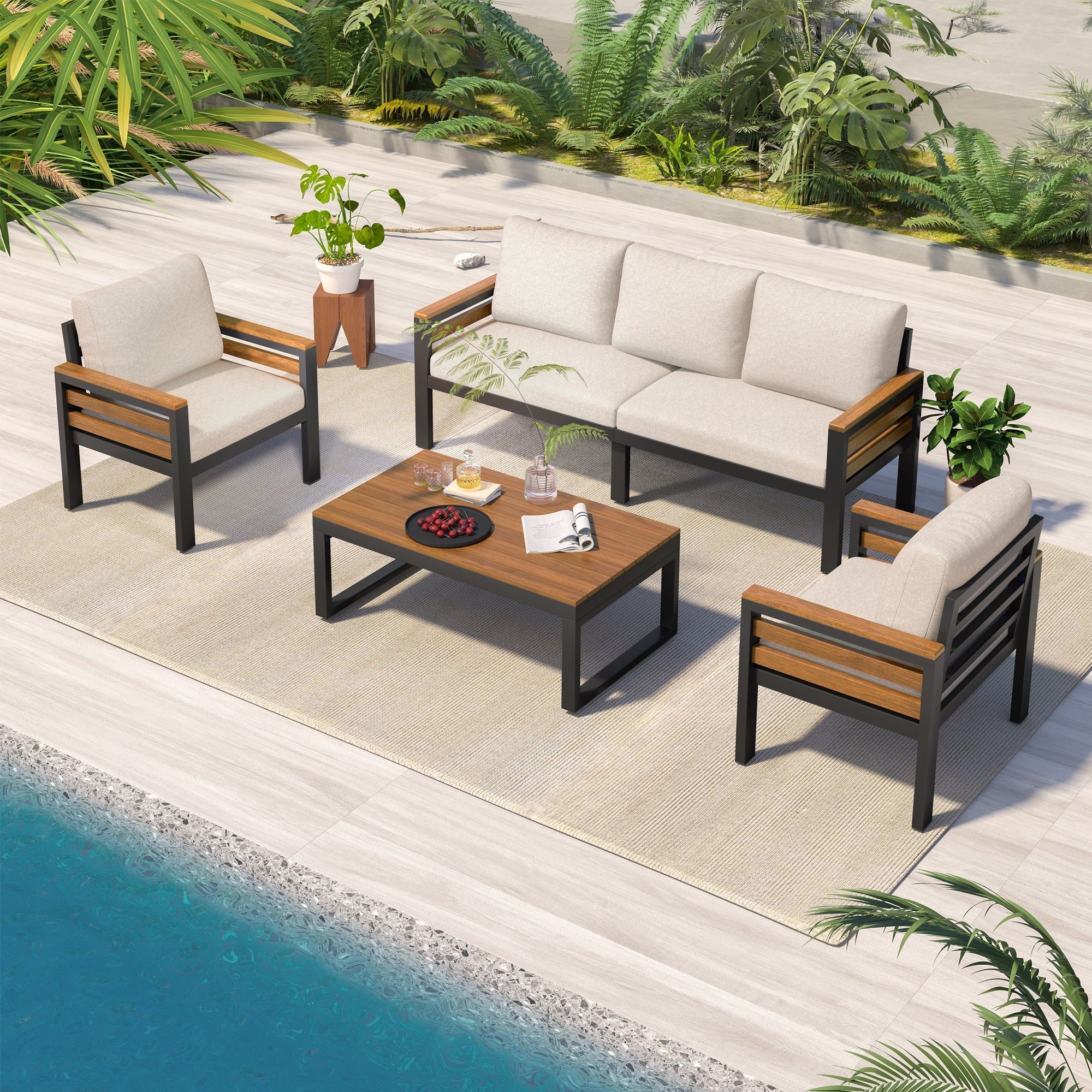 4-Piece Outdoor Sofa Set for 5 People with Removable Cushion & Solid Wood Coffee Table