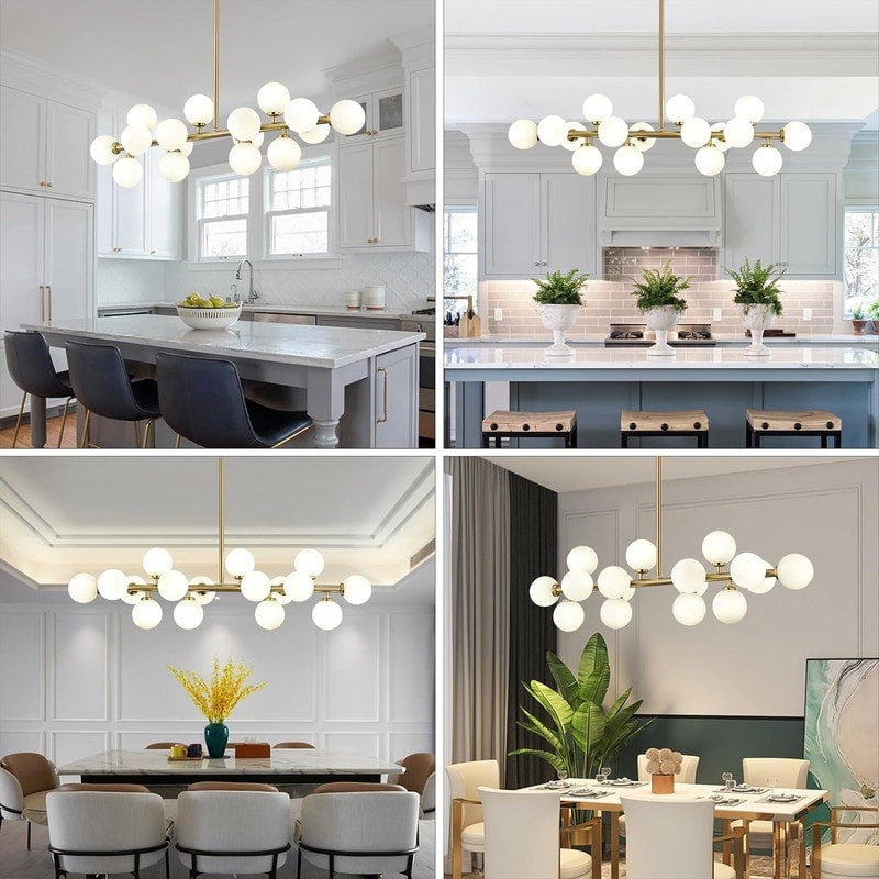 40 in. Linear Mid Century Modern Chandelier 16-Light Gold Brass Sputnik Pendant Light with Frosted Glass Globe for Dining Room