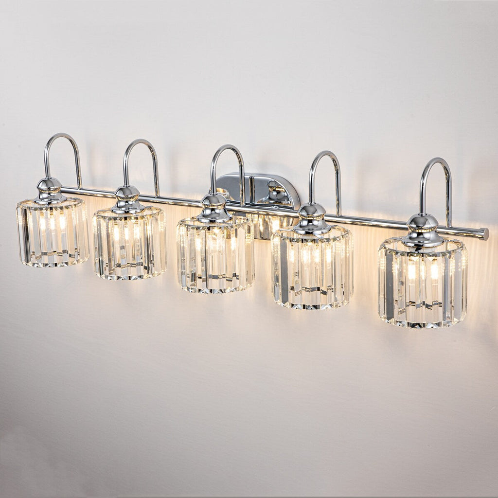 5-Light Glam Linear Dimmable Crystal Bathroom Vanity Lights with Cylinder Crystal Shade