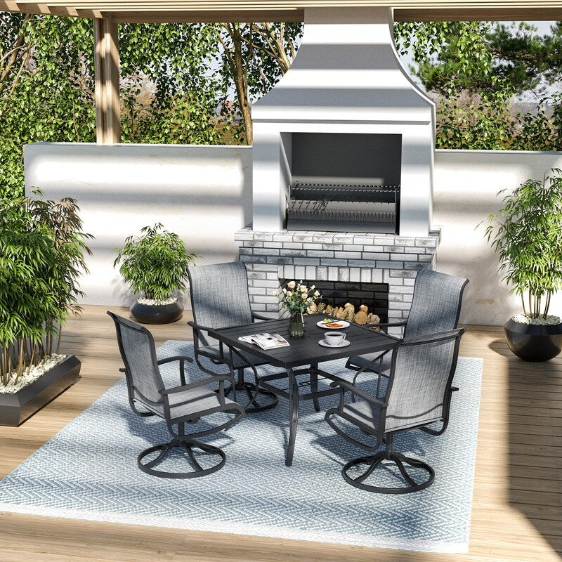 5-Piece Metal Outdoor Patio Dining Set with Square Table and Textilene Swivel Chairs