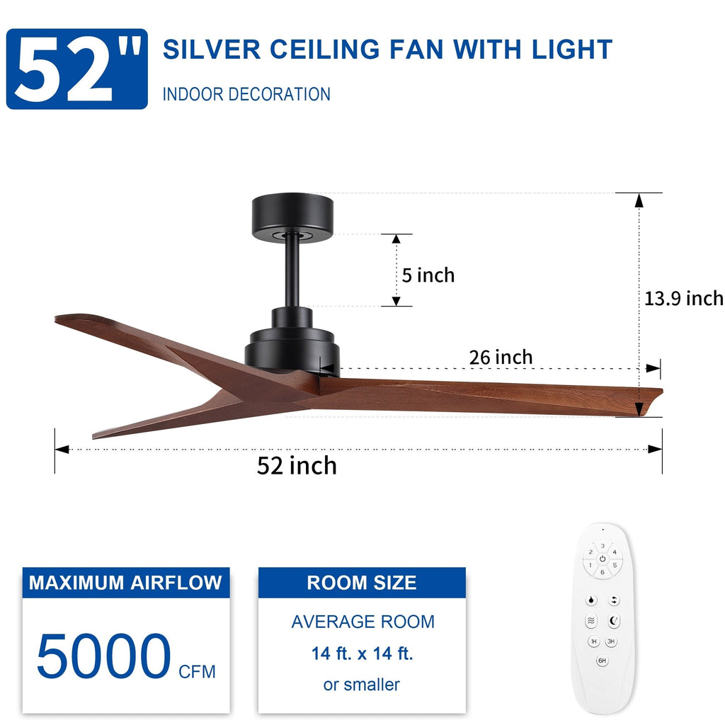 52 inch Modern Solid Wood / ABS Ceiling Fan With Remote Control(No Light),6 WInd Speed,Reversible Airflow