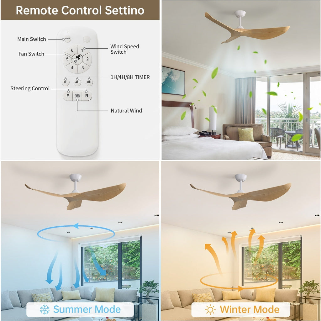 52 inch Modern Solid Wood / ABS Ceiling Fan With Remote Control(No Light),6 WInd Speed,Reversible Airflow