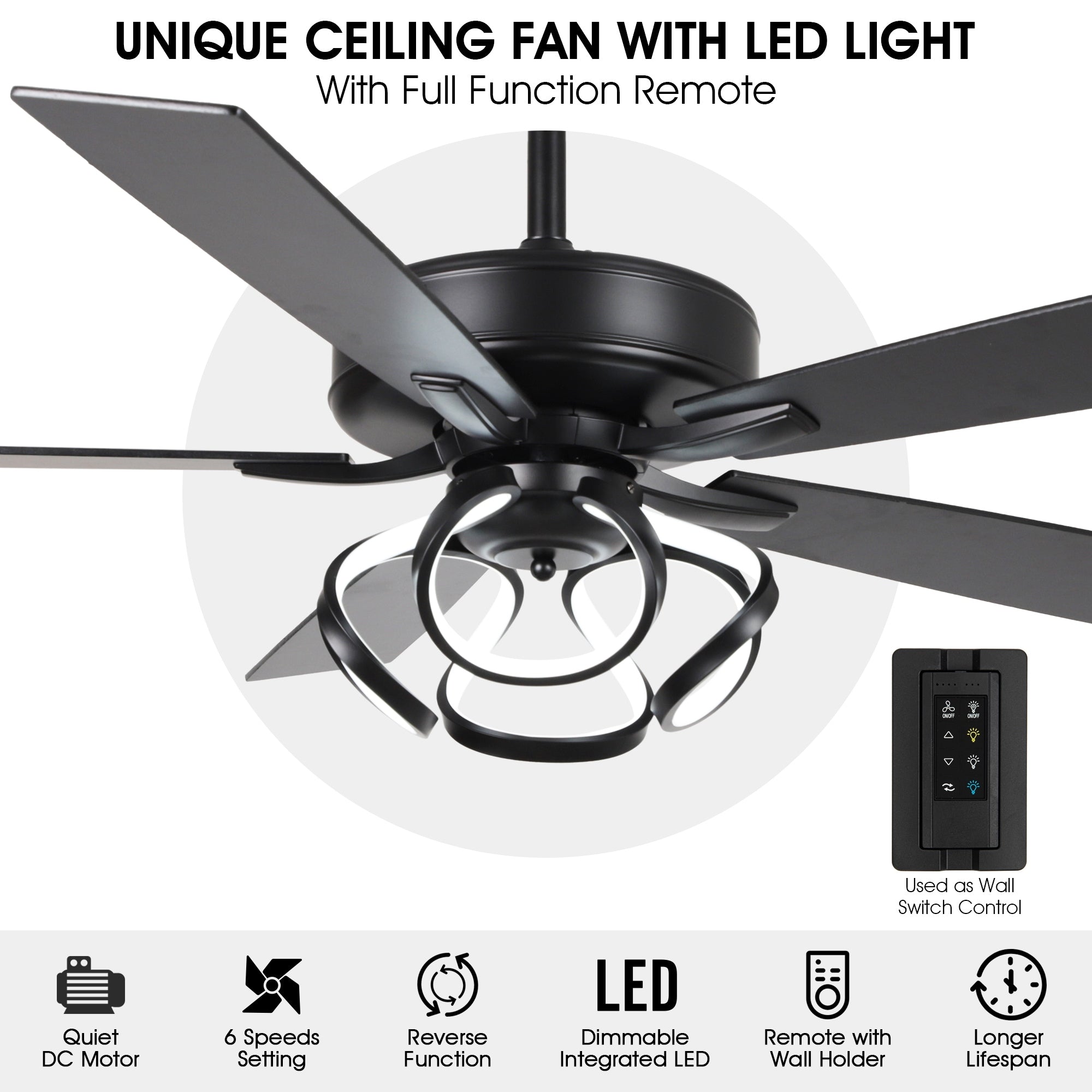 52 Modern Chrome/ Black Indoor Dimmable LED Ceiling Fan with Light and Remote