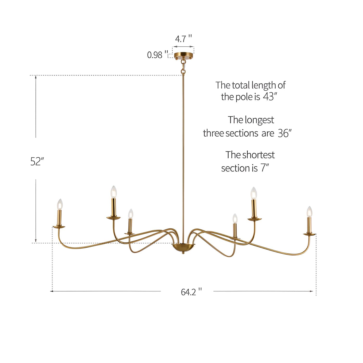 6 Light 64 Inches Minimalist Chandelier in Matte Black / Gold /Chrome - N/A