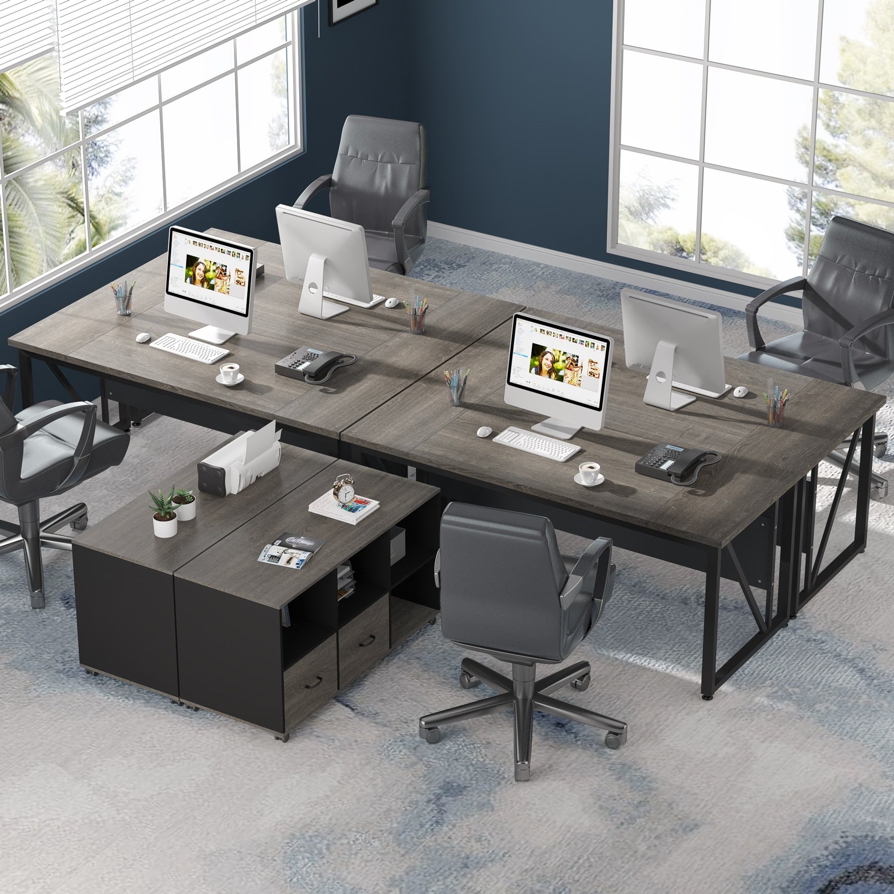 63 L-Shaped Computer Desk with 47 inches Lateral File Cabinet, Executive Desk Home Office Furniture Desk Set