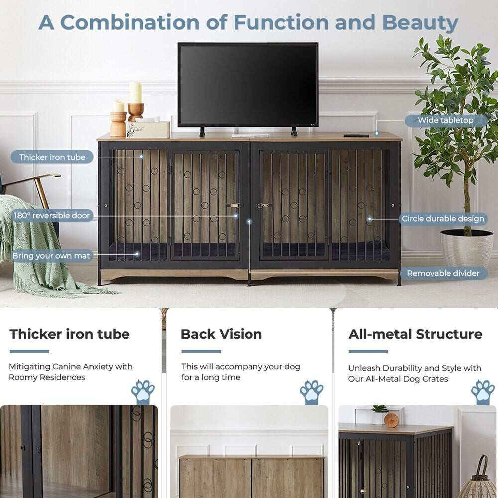 70.86'' Dog Crate Furniture Large Breed TV Stand with Cushion & Double Rooms (No Cushion)
