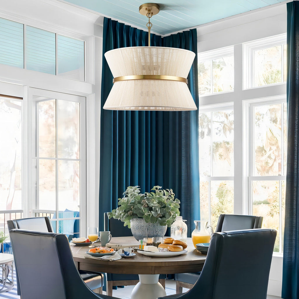 8-Light Modern Boho Large Drum Chandelier 24 inch Fabric Hourglass Hand-woven Chandelier in Gold/ Black for Dining/ Living Room