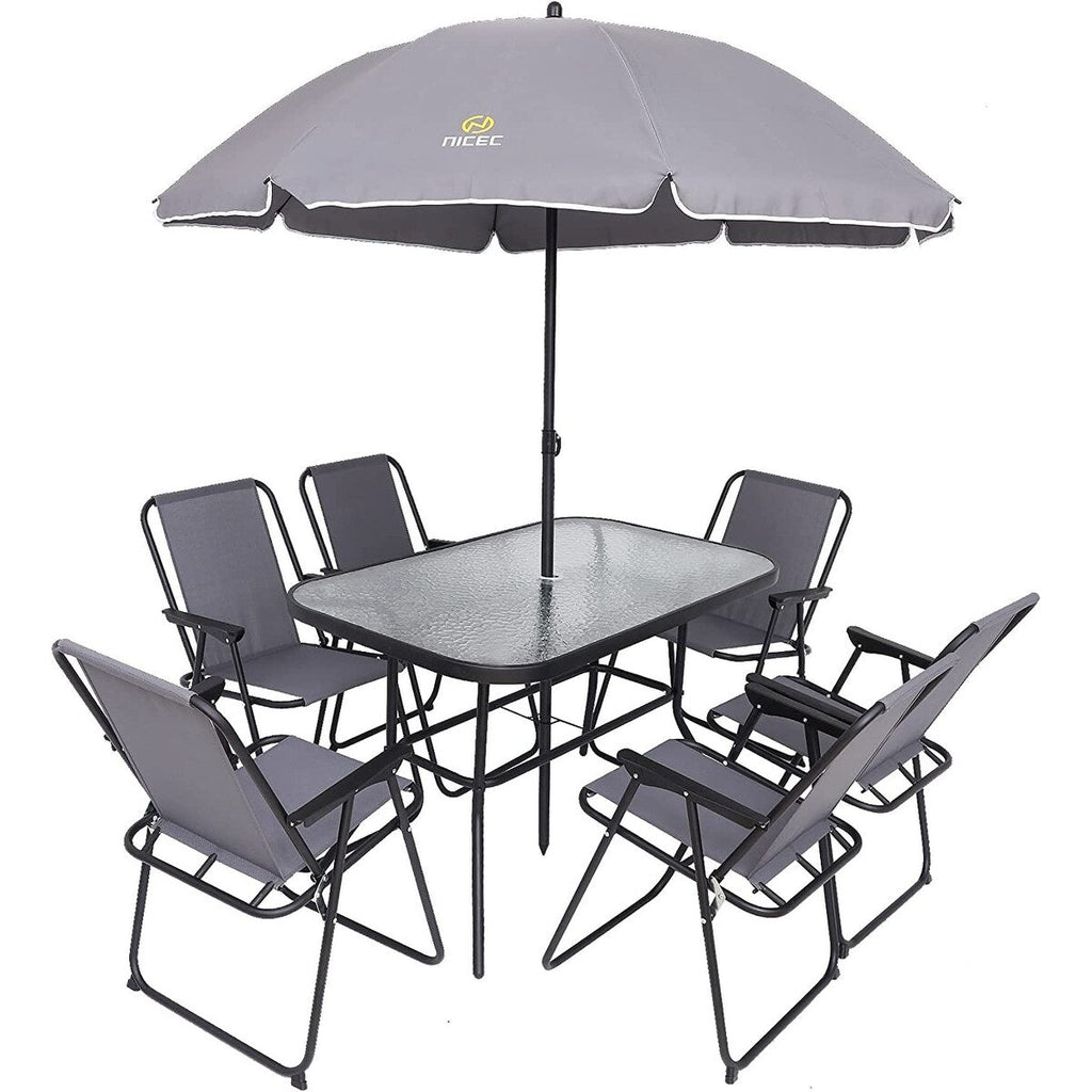8-Piece Patio Dining Set, Garden Outdoor Table Set with Removable Umbrella, Glass Table, and 6 Folding Chairs
