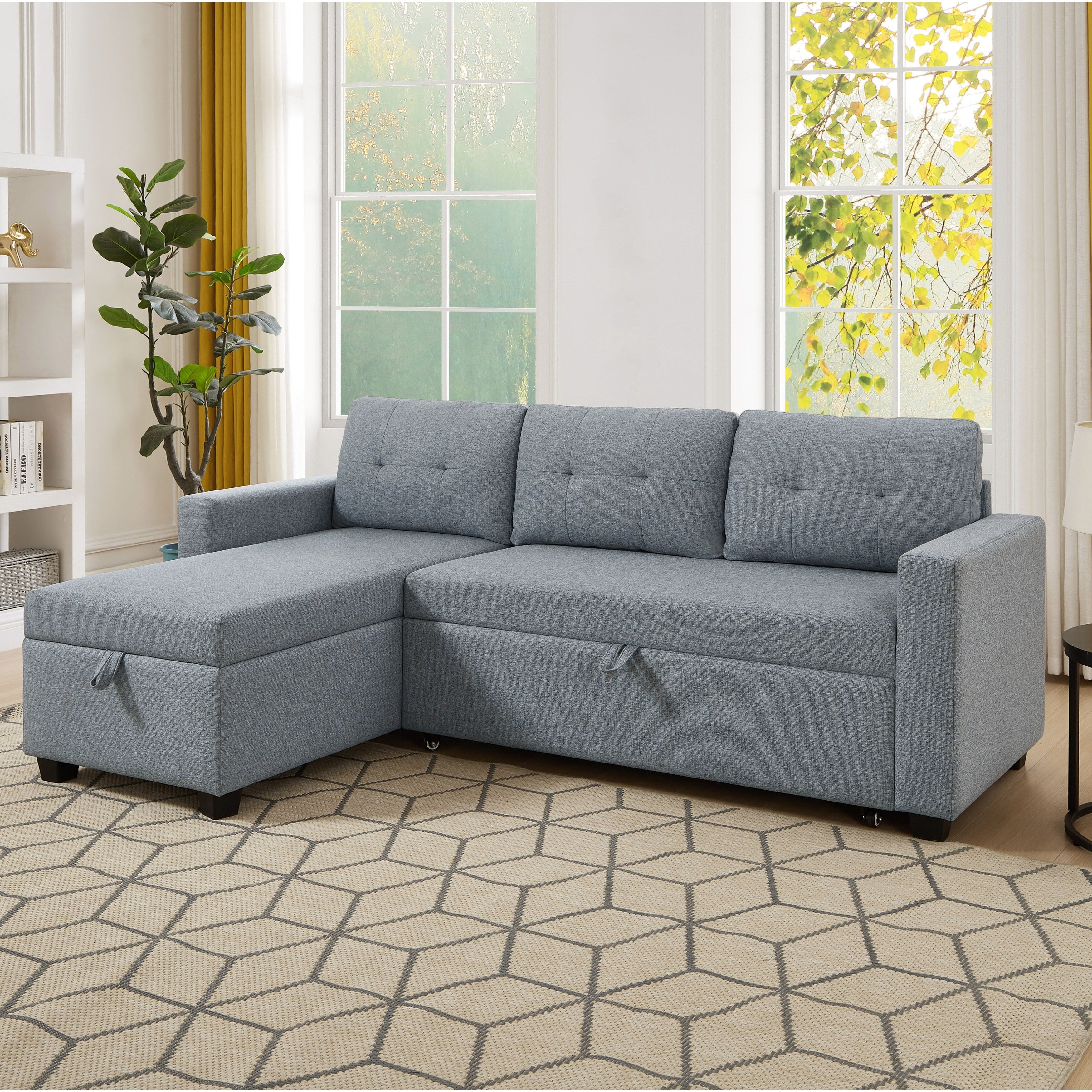 81.5'' Upholstered Convertible 3 Seater Sleeper Sofa with Pull-Out Bed, Reversible Storage Chaise, and Back Cushions