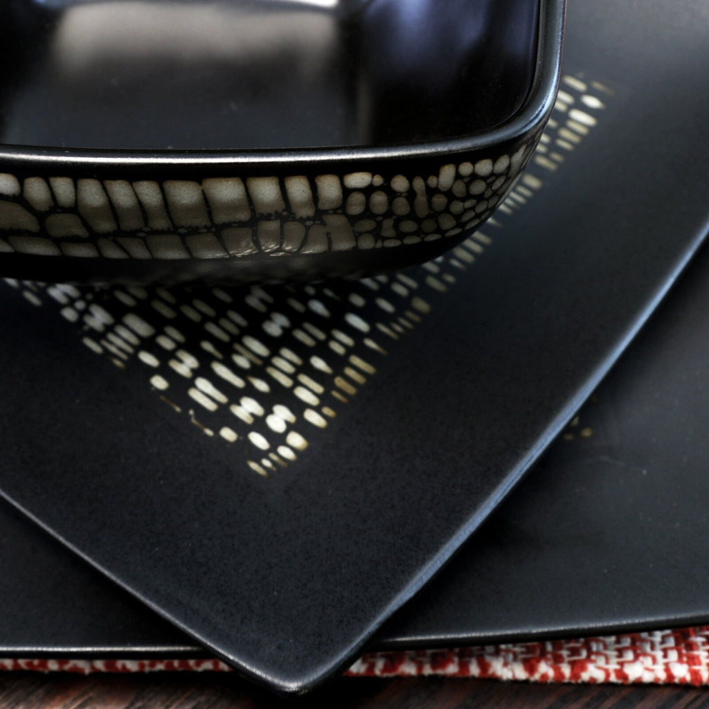 Abstract Square Double Bowl Black Stoneware Dinnerware Set 16 Pieces