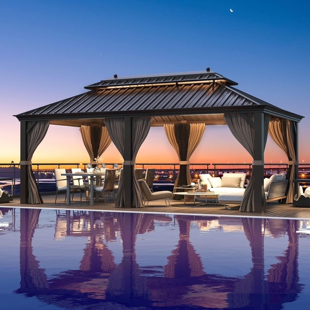 Erommy Hardtop Gazebo with Aluminum Frame and Double Roof, Permanent Outdoor Gazebo Includes Curtains&Netting for Patio Backyard