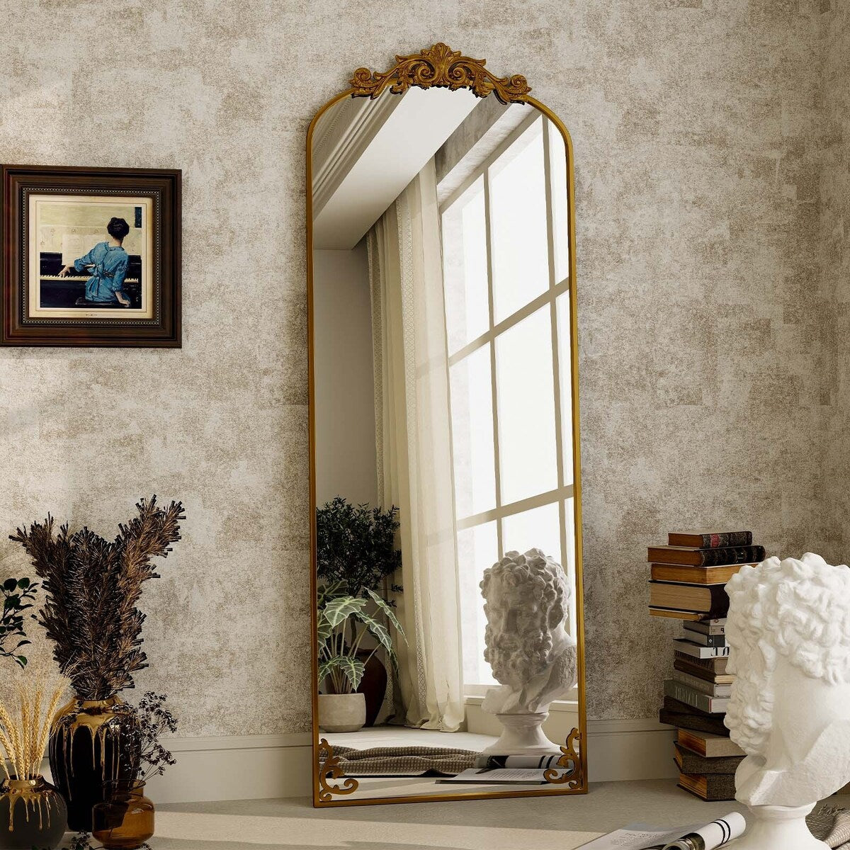 Arched Full Length Mirror with Baroque Flower Design