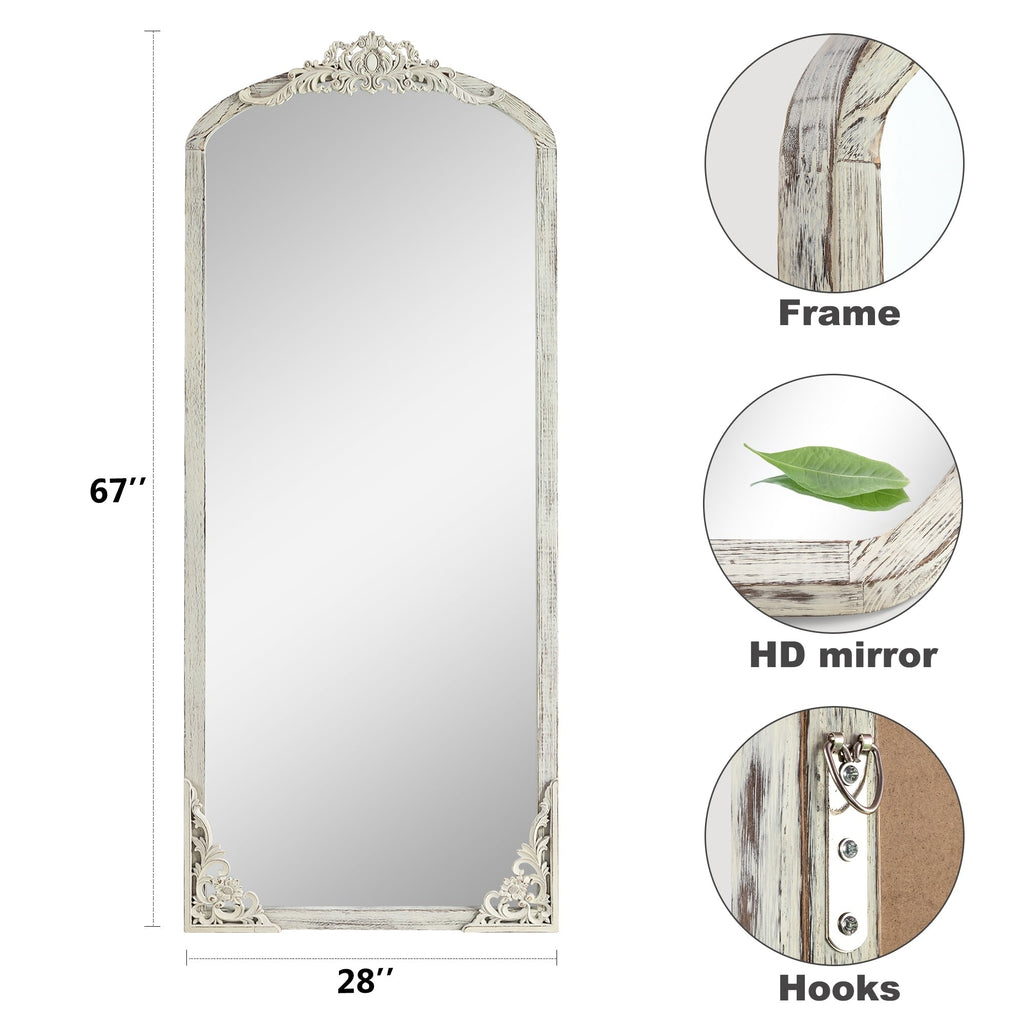 Arched Full-Length Solid Wood Carving Floor Mirror