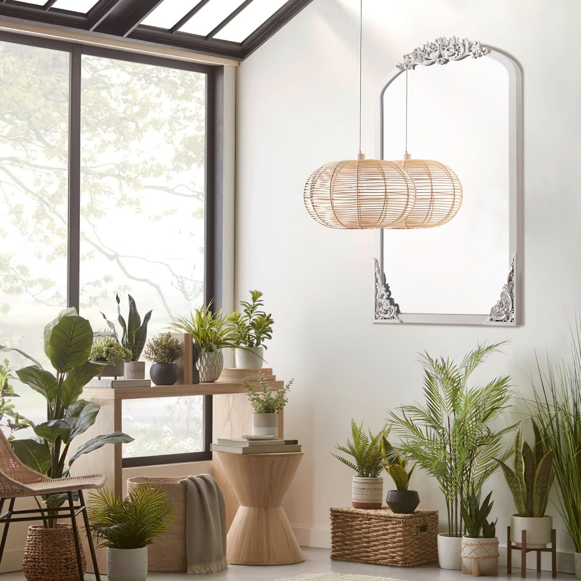 Arched Full-Length Solid Wood Carving Floor Mirror