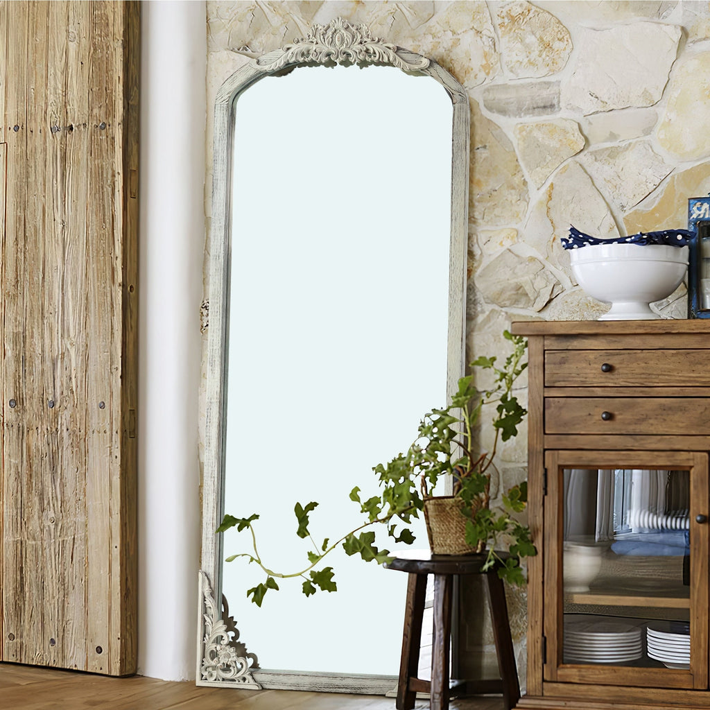 Arched Full-Length Solid Wood Carving Floor Mirror