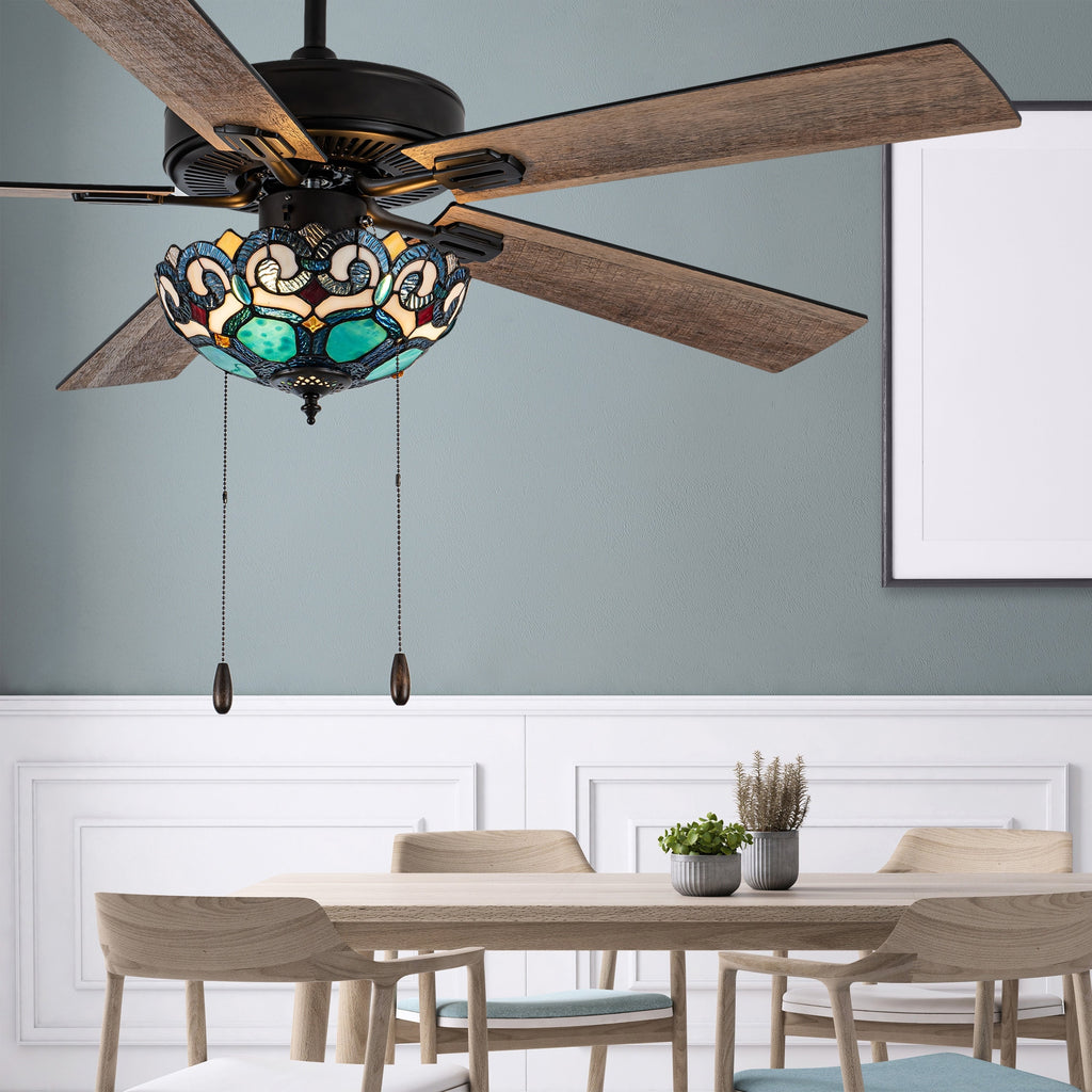 Astrid River of Goods Multicolored Oil-Rubbed Bronze and Stained Glass 3-Light 52-Inch Ceiling Fan - 52 x 52 x 14.75/19.75