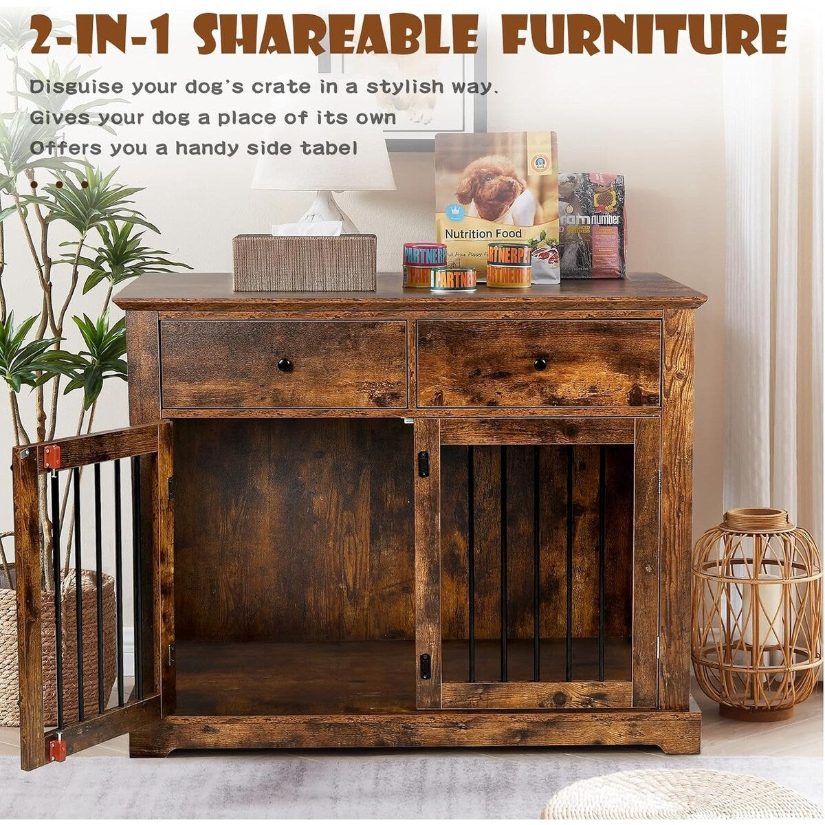 BOSSIN 44 Inch Large Dog Crate Furniture, Wooden Dog Kennel End Table with Storage Drawers, Decorative Pet Crates Dog House