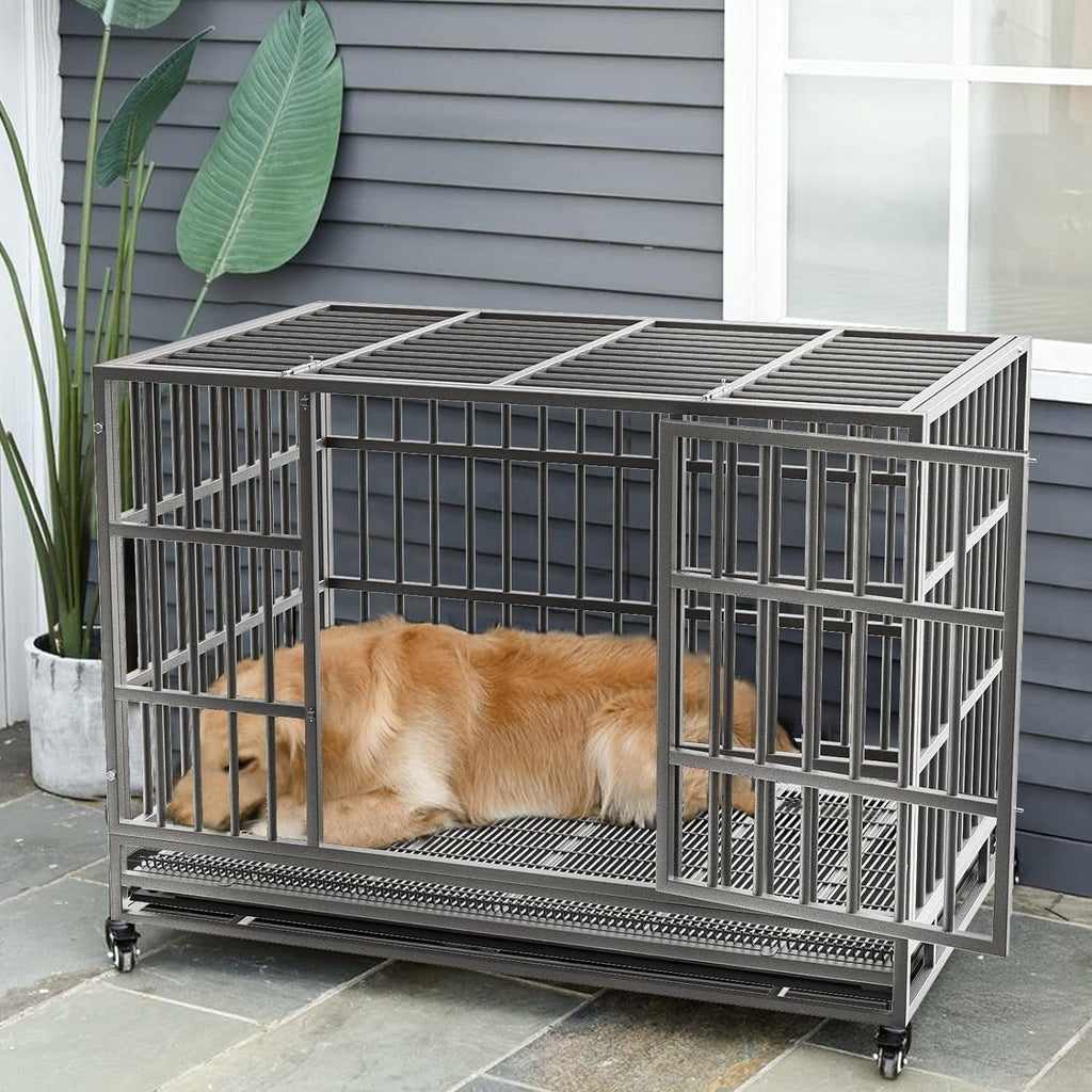 BOSSIN 48/38 inch Heavy Duty Indestructible Dog Crate, Escape Proof Dog Cage Kennel with Lockable Wheels