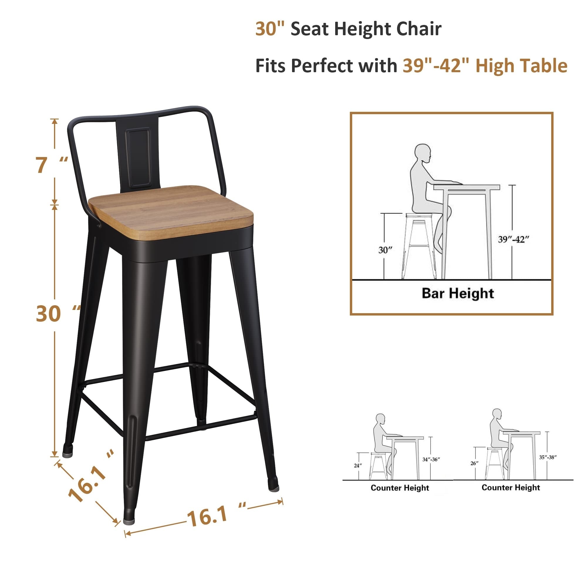 Bar Stools With Back set of 4 Industrial Metal Barstools with Wooden Seats