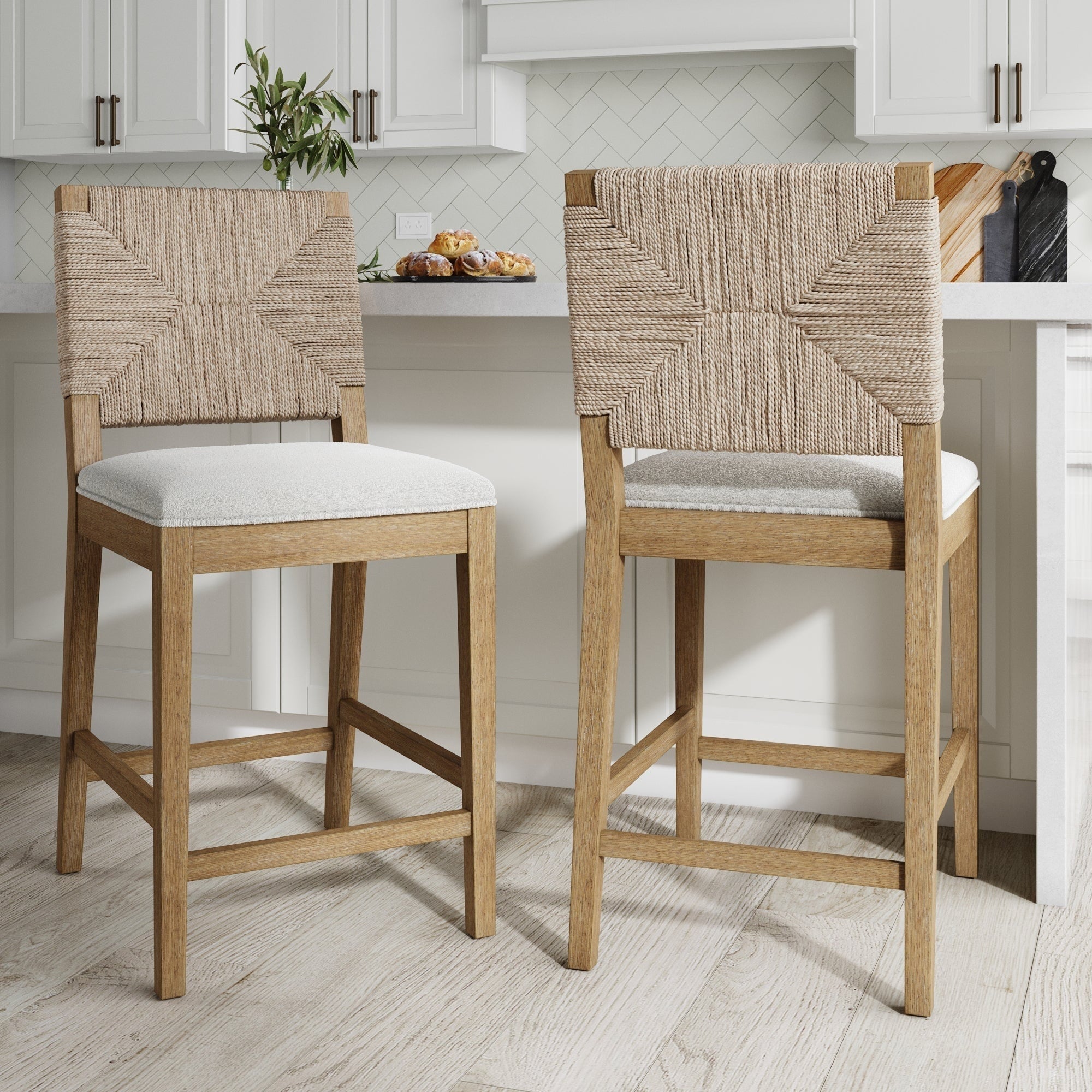 Beacon Bohemian Boucle Bar Stool, Upholstered Counter Height Chair with Solid Wood Frame and Woven Seagrass Back