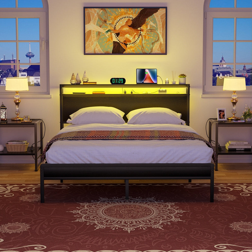 Farmhouse Wood Platform Bed Frame with Charged Station and LED Lights