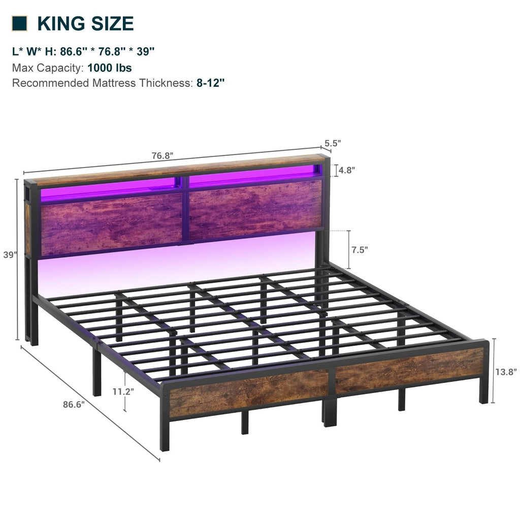 Farmhouse Wood Platform Bed Frame with Charged Station and LED Lights