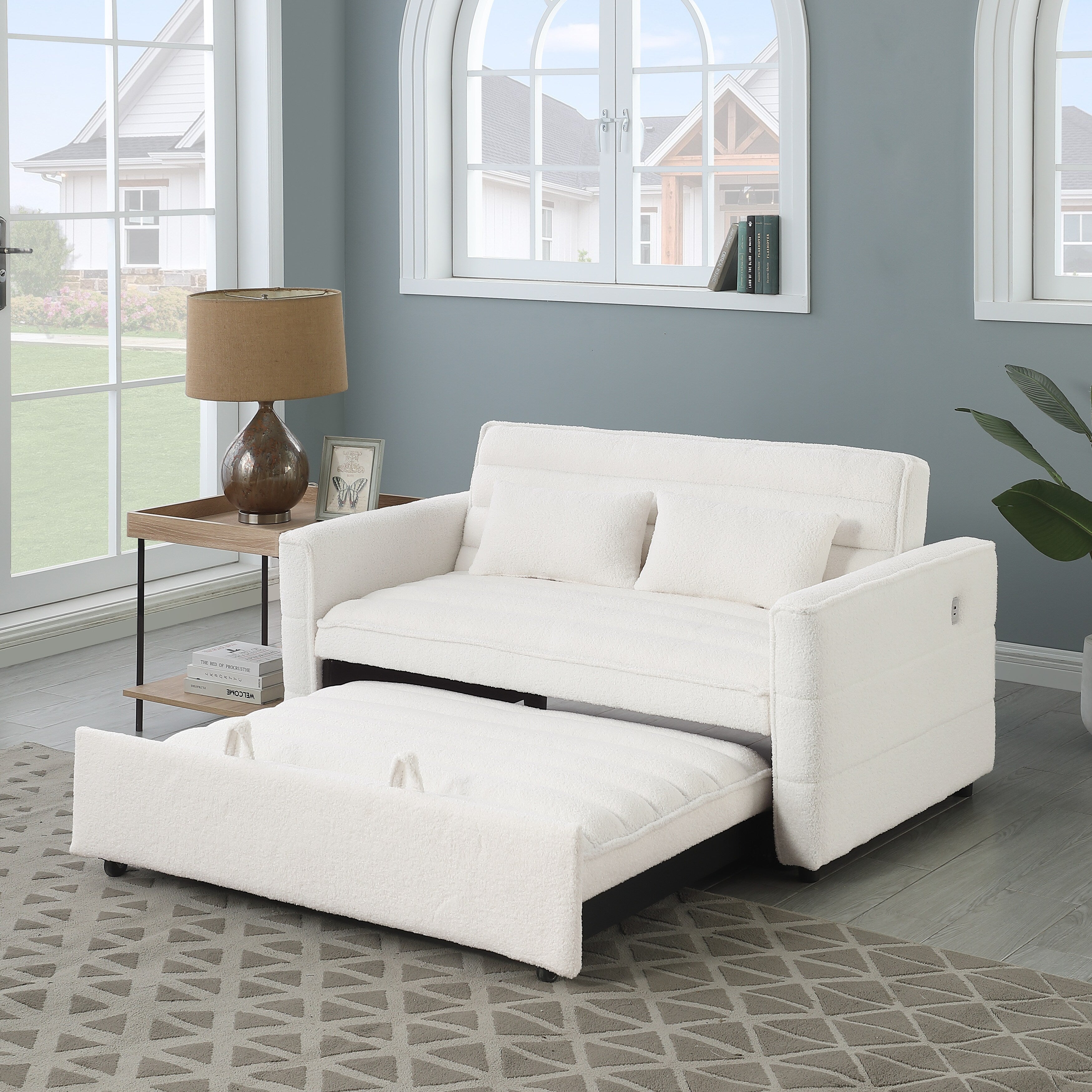 Beige 55.12 Boucle Loveseat Convertible Pull-Out Sofa Bed with Adjustable Back and 2 Waist Pillows for Living Room