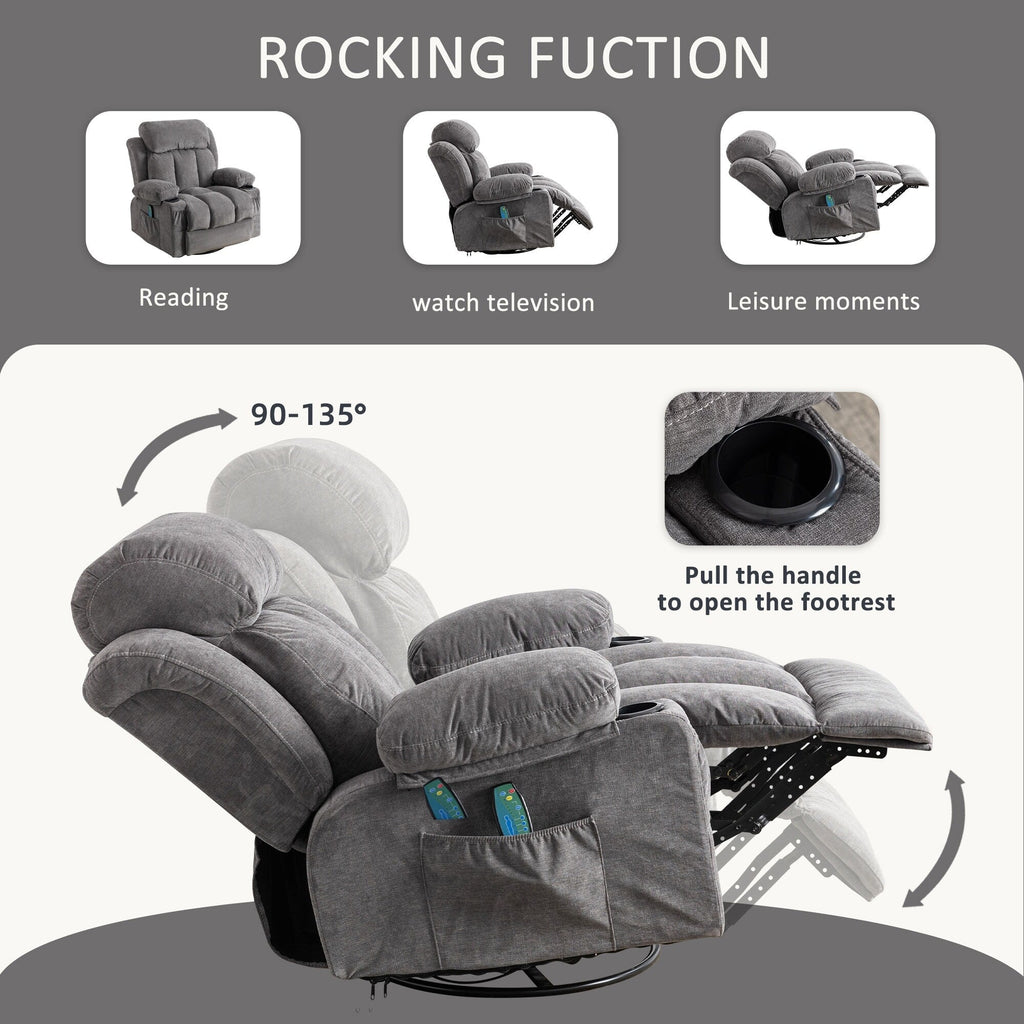 Beige Swivel Recliner with Massage, Heat & USB Charging