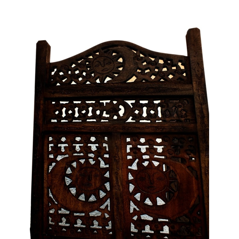 Hand Carved Sun And Moon Design Foldable 4 Panel Wooden Room Divider, Brown