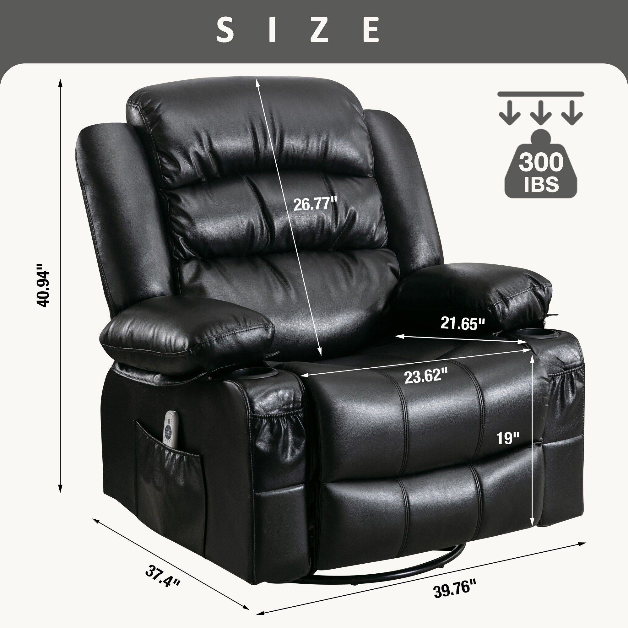 Black Swivel Rocker Recliner with Heat, Massage & USB Ports