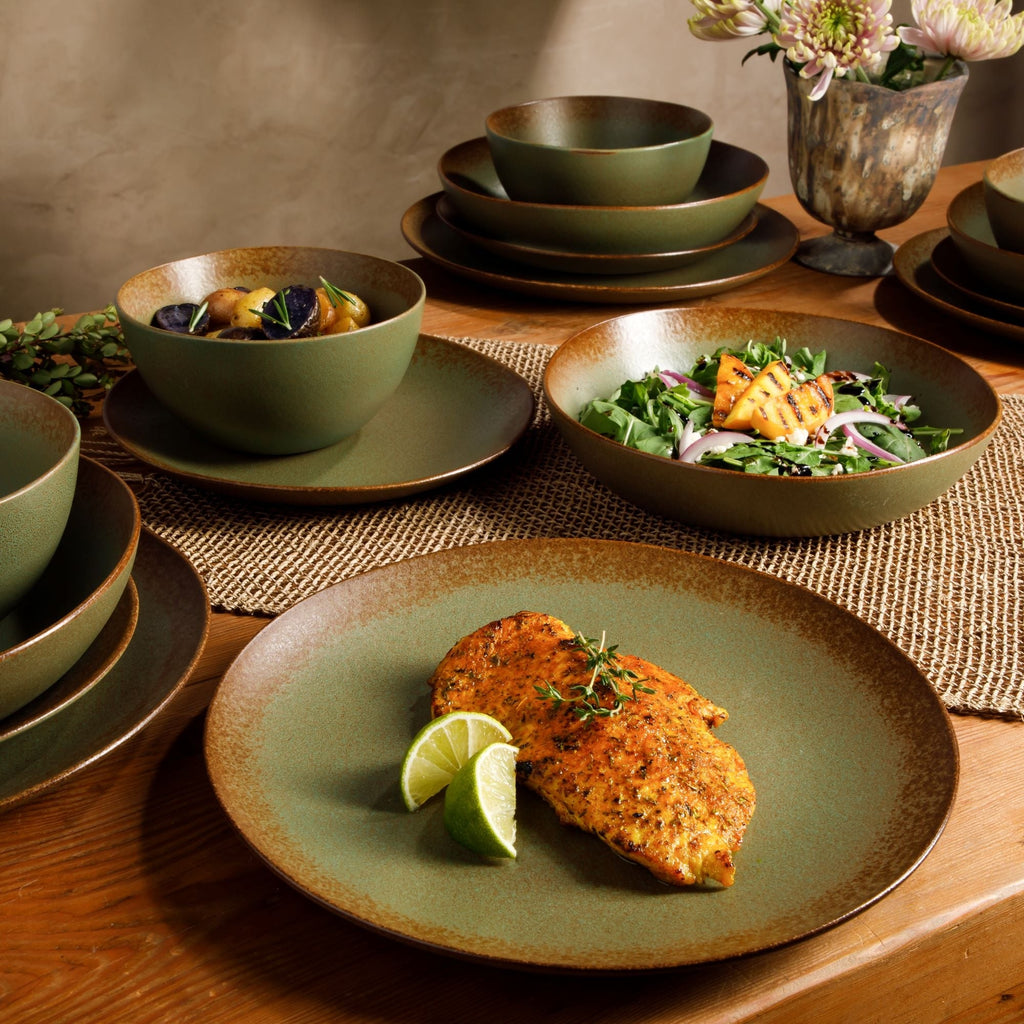 Bloomhouse Palermo Sun 16 Piece Double Bowl Stoneware Reactive Glaze Plates and Bowls Dinnerware Set