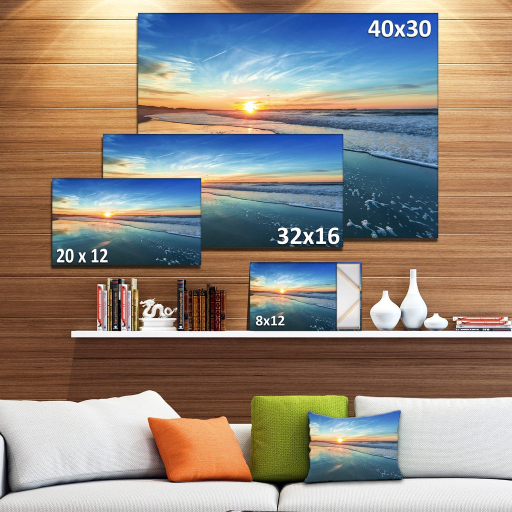 Blue Seashore with Distant Sunset - Seashore Canvas Wall Art