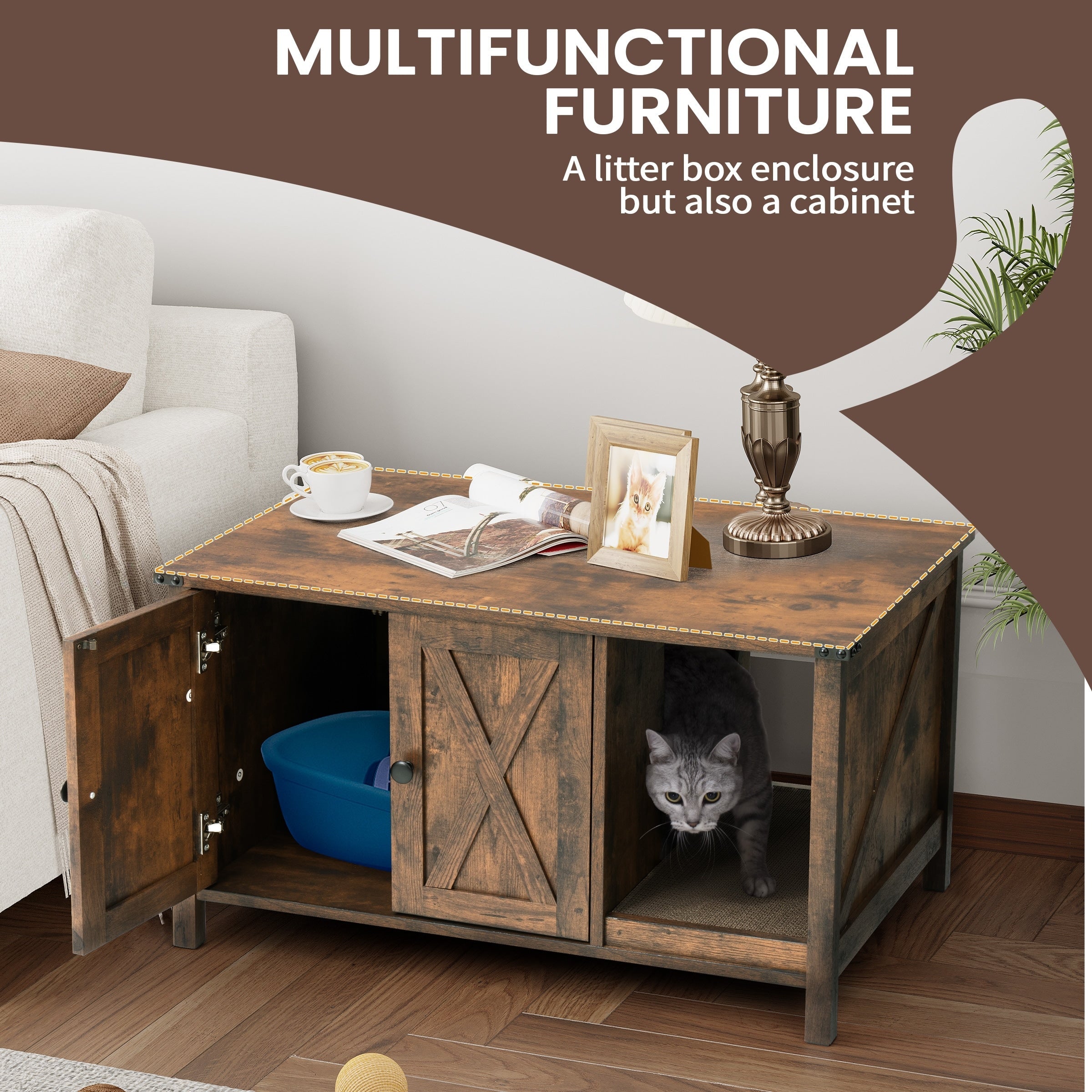 Cat Litter Box Enclosure, Hidden Wood Cat Washroom Furniture with Scratching Post