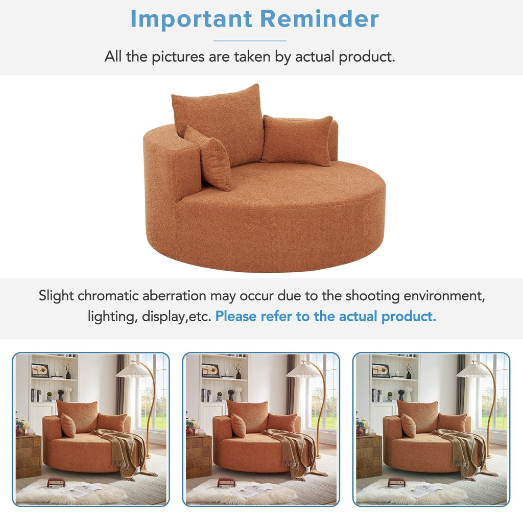 Chenille Accent Barrel Chair Lounge Chair, Round Sofa Chair Armchair with 360-Degree Swivel Base and 3 Removable Pillows