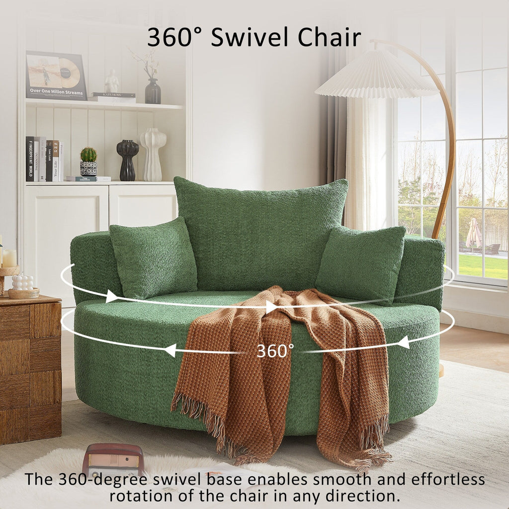 Chenille Accent Barrel Chair Lounge Chair, Round Sofa Chair Armchair with 360-Degree Swivel Base and 3 Removable Pillows