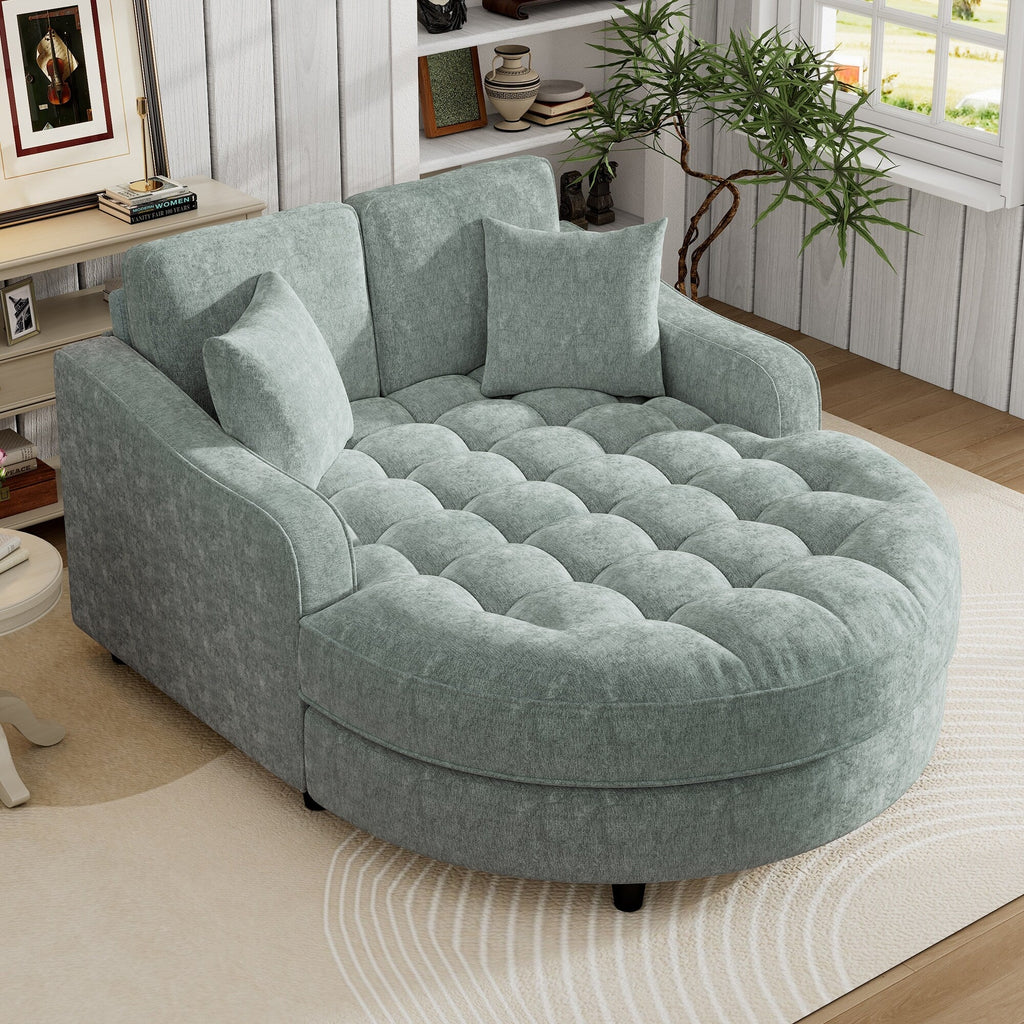 Chenille Chaise Lounge Sofa Bed, Upholstered Sofa Couch with Tufted Backrest and 2 Detachable Pillows for Living Room