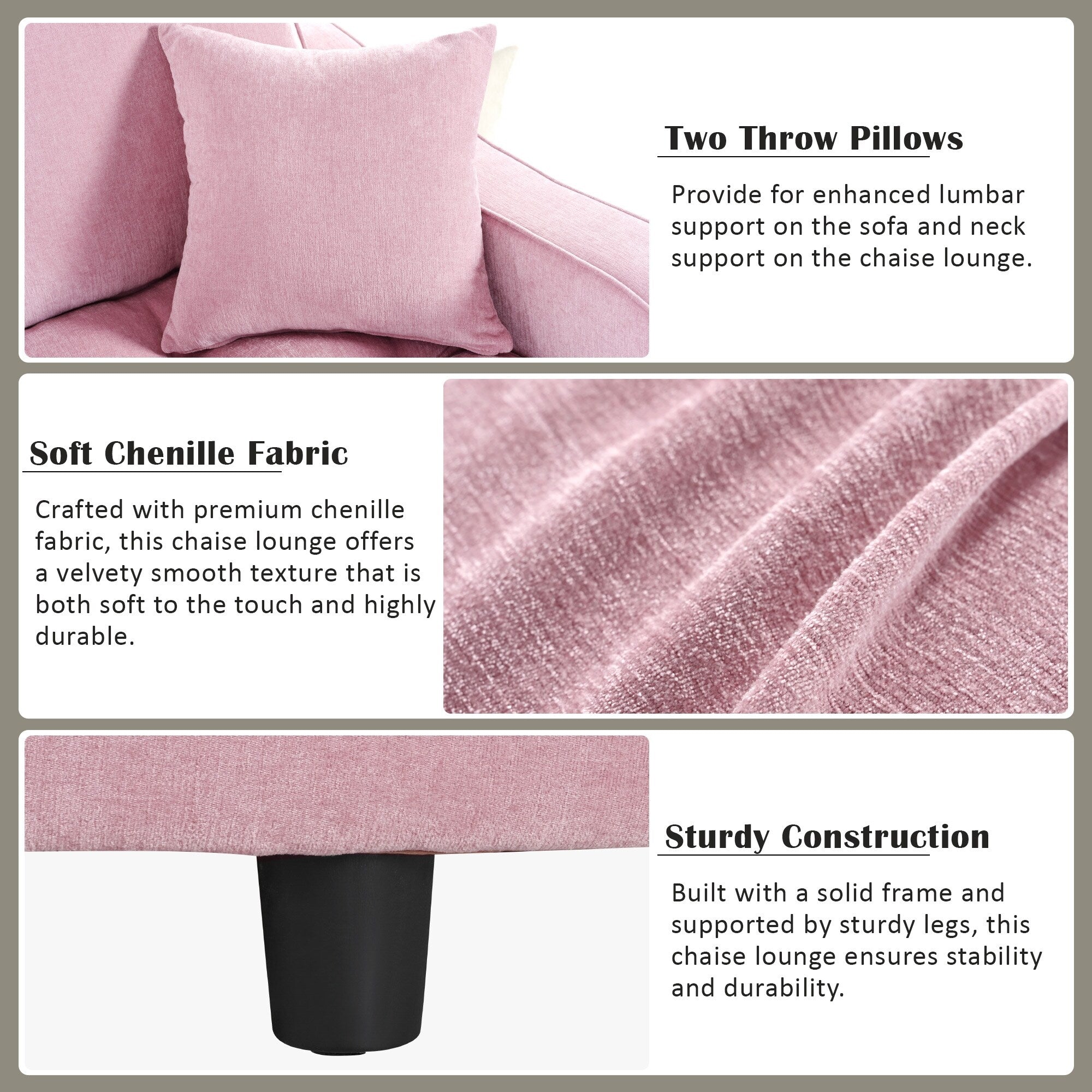 Chenille Chaise Lounge Sofa Bed, Upholstered Sofa Couch with Tufted Backrest and 2 Detachable Pillows for Living Room