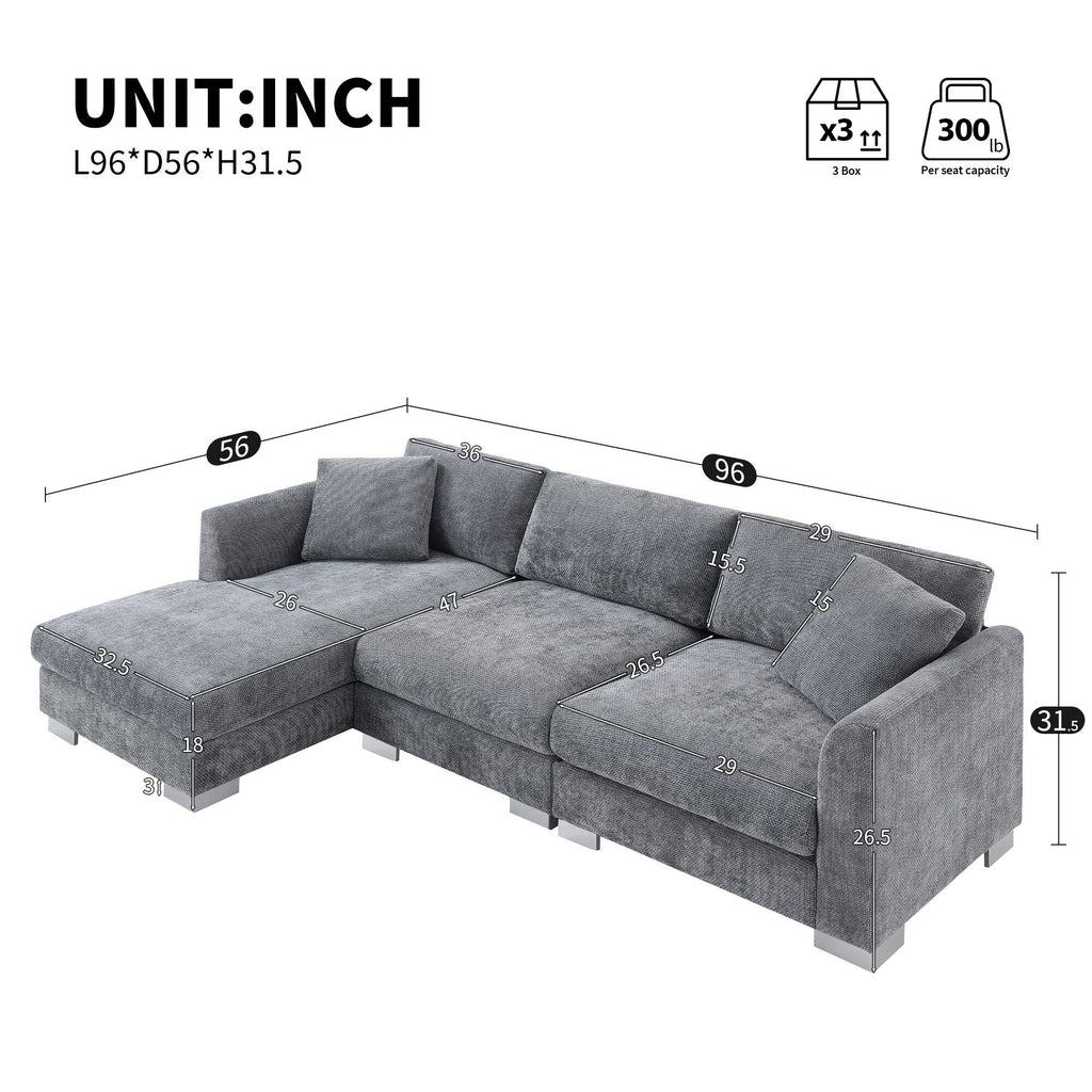 Cloud Sectional Sofa,L-Shaped Luxury Couch Set With 2 Free Pillows,4-Seat Chenille Indoor Furniture With Oversized Chaise