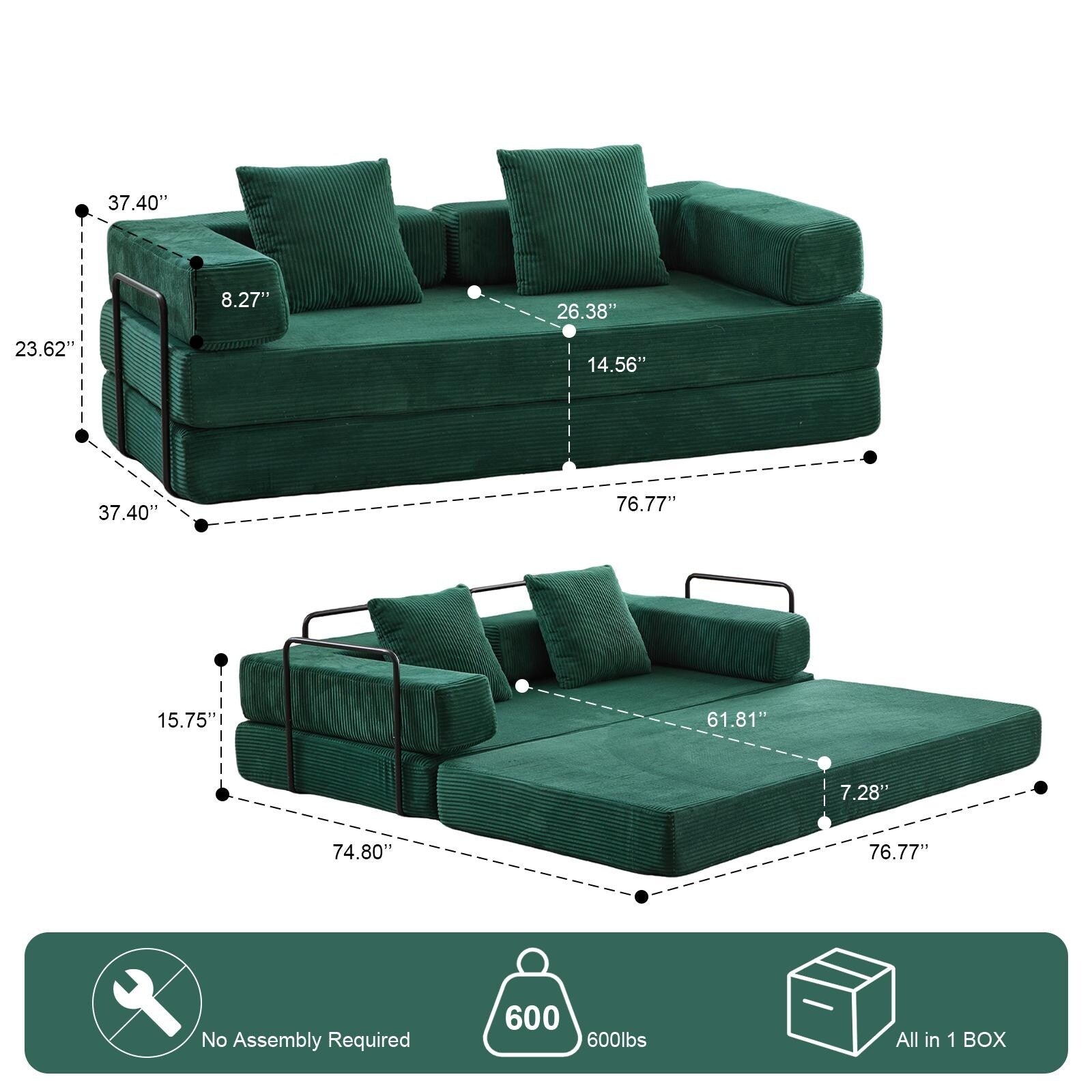 Convertible Floor Sofa Bed with Pillow Back Chenille Fabric for Living Room Bedroom
