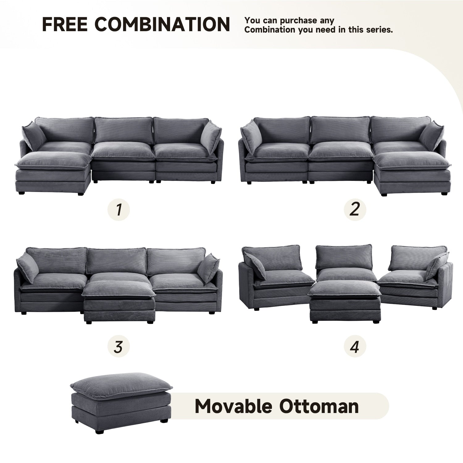 Corduroy Sectional Sofa with Removable Ottomans & Ultra-soft Cushions for Living Room & Bedroom
