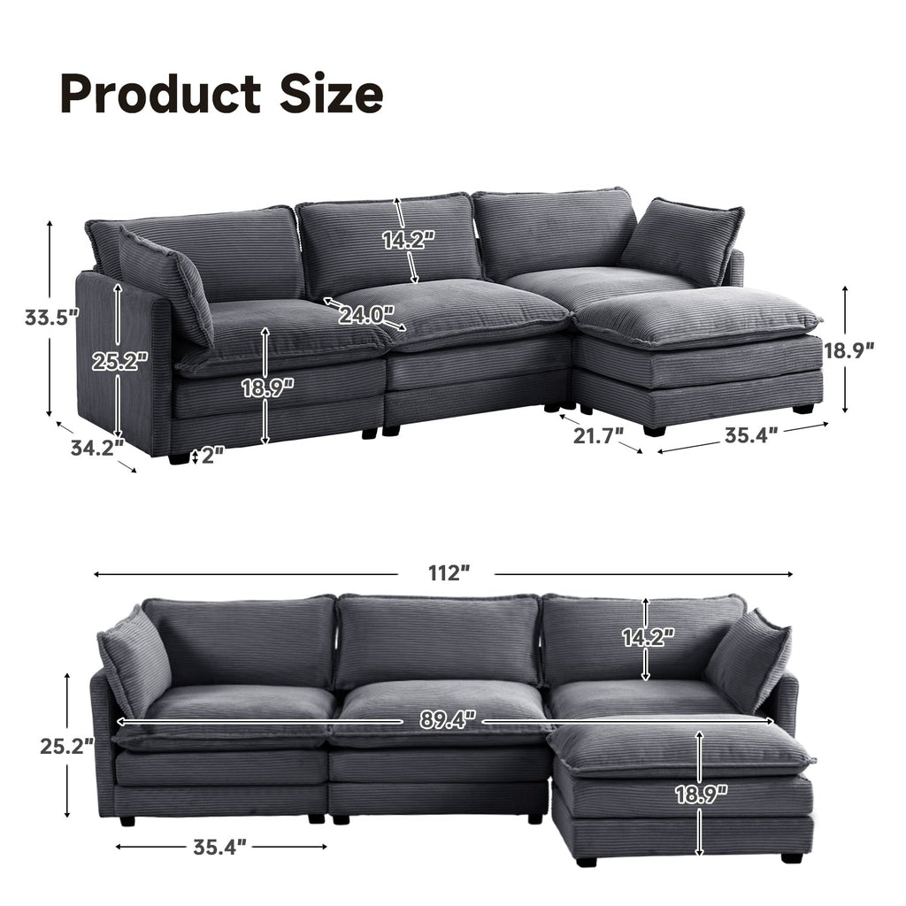 Corduroy Sectional Sofa with Removable Ottomans & Ultra-soft Cushions for Living Room & Bedroom